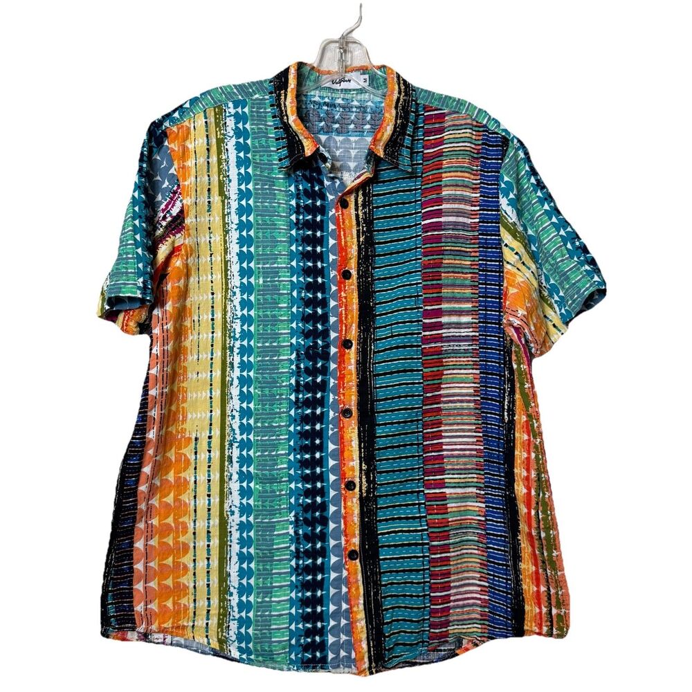 Vatpave Men's Geometric Multicolor Colorblock Button Up Hawaiian Shirt Sz M